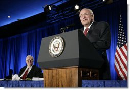 Vice President Dick Cheney tells a joke during remarks at the Jesse Helms Center Salute to Chairman Henry Hyde, Tuesday, September 19, 2006 in Washington, D.C. Joining the Vice President on stage is Rep. Henry Hyde, R-Ill., who has served in the U.S. Congress for more than 30 years.  White House photo by Kimberlee Hewitt