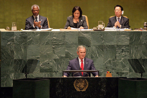 President George W. Bush addresses the United Nations General Assembly in New York City Tuesday, Sept. 19, 2006. "Five years ago, Afghanistan was ruled by the brutal Taliban regime, and its seat in this body was contested. Now this seat is held by the freely elected government of Afghanistan, which is represented today by President Karzai," said President Bush. White House photo by Shealah Craighead