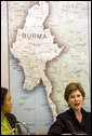 Mrs. Laura Bush speaks to panelists, including Hseng Noung, a Burmese activist and founding member of the Shan Women, Action Network, during a roundtable discussion about the humanitarian crisis facing Burma at the United Nations in New York City Tuesday, Sept. 19, 2006. White House photo by Shealah Craighead