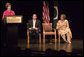 Mrs. Laura Bush, joined by President Michael Kaiser of the John F. Kennedy Center for the Performing Arts, and Mrs. Sehba Musharraf, wife of Pakistan's President Pervez Musharraf, delivers remarks during a presentation for the launching of a new Pakistani arts and cultural website Thursday, September 21, 2006, at The Kennedy Center in Washington, D.C. The website is created by the Pakistan National Council the Arts and The Kennedy Center and is called, "Gift of the Indus: The Arts and Culture of Pakistan." White House photo by Shealah Craighead