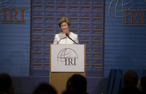 Mrs. Laura Bush delivers remarks during the International Republican Institute's 2006 Freedom Award dinner in Washington, D.C., Thursday, September 21, 2006. Mrs. Bush and Ellen Johnson Sirleaf, President of Liberia, were presented the 2006 Freedom Award which recognizes their work in encouraging women to participate in democratic process. White House photo by Shealah Craighead