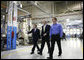 President George W. Bush tours Meyer Tool, Inc., in Cincinnati, with Sen. Mike DeWine (R-Ohio), left, and Beau Easton, the company's Director of Continuous Improvement during an Ohio stop Monday, Sept. 25, 2006. The President took the opportunity to deliver remarks on the U.S. economy, addressing its strength and how important small businesses are to the nation's economic vitality. White House photo by Paul Morse