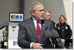 President George W. Bush stresses the importance of developing and using alternative fuels while speaking on energy issues Thursday, Sept. 28, 2006, during a visit to the Hoover Public Safety Center in Hoover, Ala. The city has just opened an alternative fueling station to provide E85 (ethanol) and biodiesel fuels for public agency vehicles. White House photo by Paul Morse