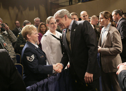 President George W. Bush greets audience members after addressing the Reserve Officers Association Friday, Sept. 29, 2006. White House photo by Eric Draper