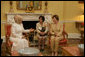 Mrs. Laura Bush visits with Mrs. Emine Erdogan, wife of Prime Minister Recep Tayyip Erdogan of Turkey , in the Yellow Oval Room in the private residence of the White House Monday, October 2, 2006. White House photo by Shealah Craighead