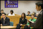 As part of the President’s Helping America’s Youth initiative, Mrs. Laura Bush observes a mock trial at the Colonie Youth Court in Latham, New York, Wednesday, October 4, 2006. The Colonie Youth Court has been recognized by the U.S. Department of Justice as a national model of effective programming to help at-risk youth. The court has been replicated in more than 80 communities in the state of New York. White House photo by Shealah Craighead