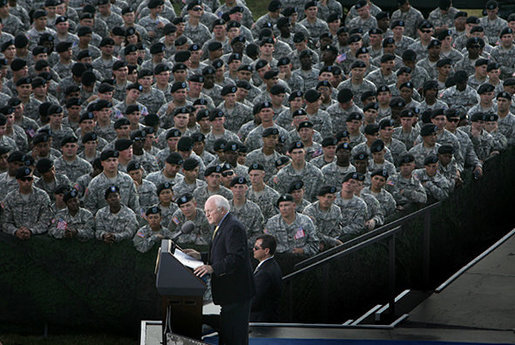 Vice President Dick Cheney delivers remarks at a rally for the troops at Fort Hood, Texas, Wednesday, October 4, 2006. "Each time I visit a military base I come away with renewed confidence in the men and women who wear the uniform of the United States," the Vice President said. "Each one of you has dedicated yourself to serving our country and its ideals, and you are meeting that commitment during a very challenging time in American history." White House photo by David Bohrer