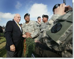 Vice President Dick Cheney pauses for a photo with a soldier at Fort Hood, Texas after delivering remarks at a rally for the troops, Wednesday, October 4, 2006. White House photo by David Bohrer
