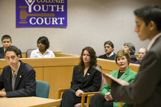 As part of the President’s Helping America’s Youth initiative, Mrs. Laura Bush observes a mock trial at the Colonie Youth Court in Latham, New York, Wednesday, October 4, 2006. The Colonie Youth Court has been recognized by the U.S. Department of Justice as a national model of effective programming to help at-risk youth. The court has been replicated in more than 80 communities in the state of New York. White House photo by Shealah Craighead