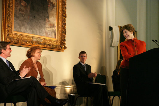 Mrs. Laura Bush smiles at Gerry Kohler, recipient of the 2006 Preserve America History Teacher of the Year award, while delivering remarks during a ceremony at the Union League Club in New York City, Thursday, October 5, 2006. Mrs. Kohler is a teacher at VanDevender Junior High School in West Virginia. Also shown are Dr. James Basker, President, Gilder Lehrman Institute of American History, left, and Patrick Shahan and Elizabeth Corbit, students of Mrs. Kohler’s. White House photo by Shealah Craighead
