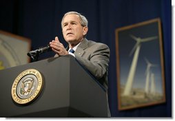President George W. Bush addresses the Renewable Energy Conference in St. Louis, Mo., Thursday, Oct. 12, 2006. The President discussed the development of new energy sources that reduce America's consumption of oil, such as hydrogen. "Ultimately, in my judgment, one of the ways to make sure that we become fully less dependent on oil is through hydrogen. And we're spending $1.2 billion to encourage hydrogen fuel cells. It's coming, it's coming," said the President. "It's an interesting industry evolution, to think about your automobiles being powered by hydrogen, and the only emission is water vapor." White House photo by Eric Draper