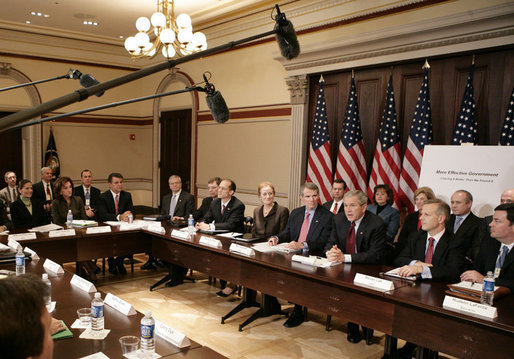 President George W. Bush talks with members of the media at the President’s Management Council meeting, Friday, Oct. 13, 2006, at the Eisenhower Executive Office Building in Washington, D.C. The council met to discuss the President’s Management Agenda accomplishments, which will be summarized in a government-wide report to Federal employees and Congress on the state of the government’s management practices. White House photo by Eric Draper