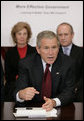 President George W. Bush addresses members of the President’s Management Council, Friday, Oct. 13, 2006, in a meeting at the Eisenhower Executive Office Building in Washington, D.C. The council met to discuss the President’s Management Agenda accomplishments, which will be summarized in a government-wide report to Federal employees and Congress on the state of the government’s management practices. White House photo by Eric Draper