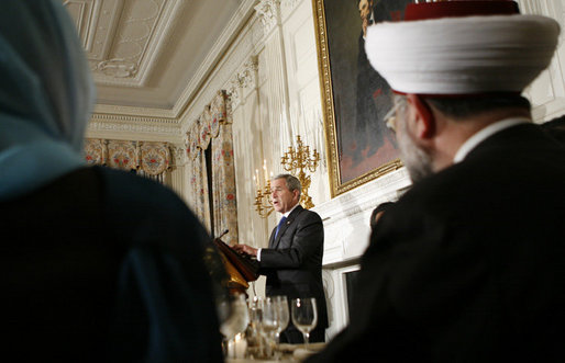President George W. Bush addresses the Iftaar Dinner with Ambassadors and Muslim leaders in the State Dining Room of the White House, Monday, Oct. 16, 2006. White House photo by Paul Morse