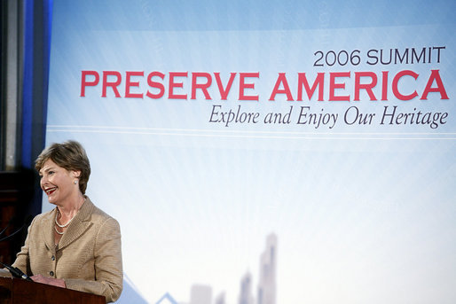 Mrs. Laura Bush addresses the Preserve America Summit at the U.S. Custom House in New Orleans, La., Thursday, Oct. 19, 2006. "By creating institutions like the Advisory Council on Historic Preservation, the State Historic Preservation Offices, and the National Register of Historic Places, the National Historic Preservation Act has saved priceless artifacts of American history, and led to four terrific decades of preservation work throughout the United States," said Mrs. Bush. White House photo by Shealah Craighead