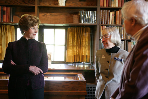 Mrs. Laura Bush listens to Sandy Bates, Secretary of the Board for Pearl S. Buck International, center, and Janice Walsh, daughter of Pearl S. Buck, right, Tuesday, October 24, 2006, during a tour of the Pearl S. Buck House National Landmark, a 2005 Save America’s Treasures grant recipient, in Perkasie, Pennsylvania. Pearl S. Buck was the first woman to win the Nobel and Pulitzer Prizes and also dedicated her life to promoting tolerance, human rights and inter-cultural understanding. White House photo by Shealah Craighead