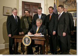 President George W. Bush signs H.R. 6061, the Secure Fence Act of 2006, in the Roosevelt Room Thursday, Oct. 26, 2006. Pictured with the President are, from left: Commissioner Ralph Basham of U.S. Customs and Border Protection; Chief David Aguilar of U.S. Customs and Border Protection; Congressman Peter King, R-N.Y.; Congressman John Boehner, R-Ohio; and Deputy Secretary Michael Jackson of the Department of Homeland Security; and Senator Bill Frist, R-Tenn. White House photo by Kimberlee Hewitt