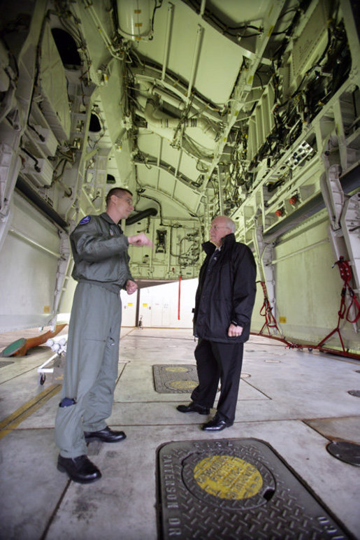 Vice President Dick Cheney stands in the bomb bay of a B-2 Stealth bomber with Lt. Col. Bill Eldridge, left, during a tour at Whiteman Air Force Base, Missouri, Friday, October 27, 2006. White House photo by David Bohrer