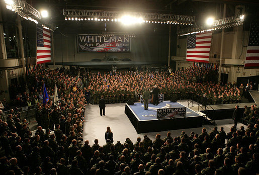 Vice President Dick Cheney delivers remarks, Friday, October 27, 2006, during a rally for the troops at Whiteman Air Force Base, Missouri, home of the 509th Bomber Wing and the B-2 Stealth Bomber. "There's no way I could overstate how impressed I am with your work, or how much it means to your country and to the cause of freedom," the Vice President said. "To be with you, and to know all that you do each and every day, makes me even prouder to be an American." White House photo by David Bohrer