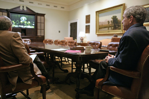 In a video teleconference between the White House and Baghdad, President George W. Bush talks with Iraqi Prime Minister Nouri al-Maliki Saturday, Oct. 28, 2006. White House photo by Kimberlee Hewitt