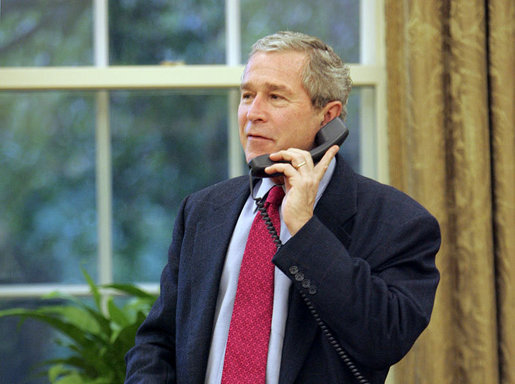 President George W. Bush congratulates St. Louis Cardinals' owner Bill DeWitt on his team's five-game win over the Detroit Tigers in the 2006 World Series from the Oval Office Saturday, Oct. 28, 2006. White House photo by Kimberlee Hewitt