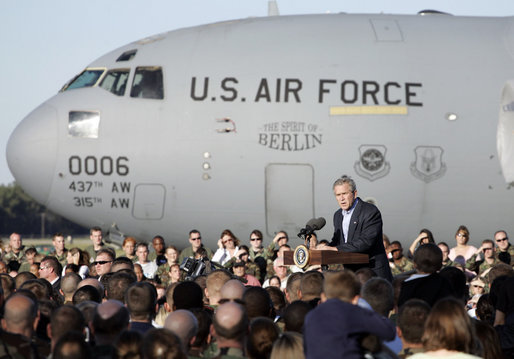 President George W. Bush address military personnel and their families at Charleston Air Force Base in Charleston, South Carolina on Saturday, October 28, 2006. White House photo by Paul Morse