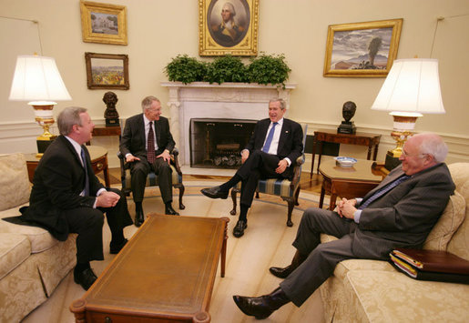 President George W. Bush and Vice President Dick Cheney speak with Senate Democratic leaders Sen. Harry Reid, second from left, and Sen. Richard Durbin at a post-election meeting in the Oval Office, Friday, Nov.10, 2006. White House photo by David Bohrer