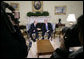 President George W. Bush and Israeli Prime Minister Ehud Olmert shake hands during a brief question and answer opportunity with members of the media Monday, Nov. 13, 2006, in the Oval Office at the White House. White House photo by Eric Draper