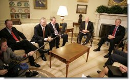 President George W. Bush and Vice President Dick Cheney meet with automotive CEOs Tuesday, Nov. 14, 2006, in the Oval Office. From left are: Ford CEO Alan Mulally, Chrysler Group President and CEO Tom LaSorda, and General Motors Chairman and CEO Rick Wagoner.  White House photo by Kimberlee Hewitt