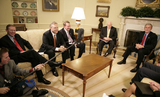 President George W. Bush and Vice President Dick Cheney meet with automotive CEOs Tuesday, Nov. 14, 2006, in the Oval Office. From left are: Ford CEO Alan Mulally, Chrysler Group President and CEO Tom LaSorda, and General Motors Chairman and CEO Rick Wagoner. White House photo by Kimberlee Hewitt