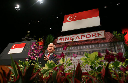 President George W. Bush delivers remarks during a visit Thursday, Nov. 16, 2006, to the National University of Singapore. The President told the audience, "Our roots, America's roots in Singapore are deep and enduring." White House photo by Paul Morse