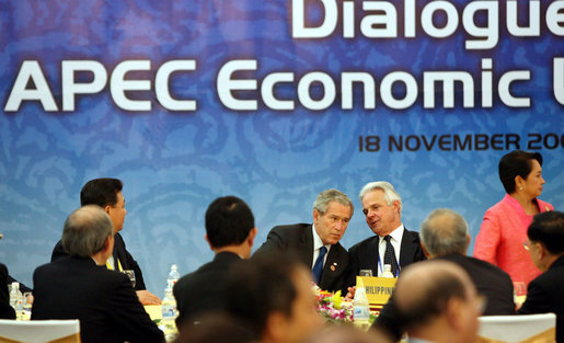 President George W. Bush participates in the APEC Leaders Dialogue with ABAC, the APEC Business Advisory Council, Saturday, Nov. 18, 2006, at the National Conference Center in Hanoi. White House photo by Eric Draper
