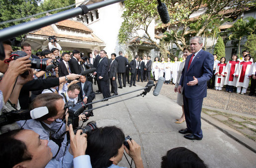 President George W. Bush addresses the media after he and Mrs. Laura Bush attended service at Cua Bac Church in Hanoi, Vietnam, Sunday, Nov. 19, 2006. White House photo by Shealah Craighead