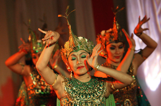 Dancers participate in a cultural performance during dinner Monday, Nov. 20, 2006, at the Bogor Palace in Bogor, Indonesia. President George W. Bush and Mrs. Laura Bush concluded a six-hour stop in the country before leaving for Hawaii, the last stop on their weeklong travels. White House photo by Eric Draper