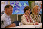 Mrs. Laura Bush is joined by Mary Fallon, right, wife of Navy Admiral William J. Fallon the Commander of the U.S. Pacific Command, during a roundtable discussion with military personnel Tuesday, Nov. 21, 2006, on military housing and educational services provided to families stationed in Honolulu, Hawaii. White House photo by Shealah Craighead