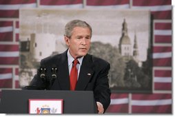 President George W. Bush delivers remarks Tuesday, Nov. 28, 2006, at Latvia University in Riga, Latvia. The President thanked the people of Latvia for accommodating the world leaders to the NATO summit and thanked President Vike-Freiberga and her government for a "spectacular job." White House photo by Paul Morse