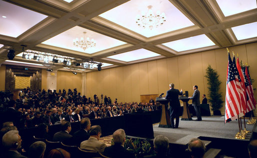 President George W. Bush and Iraqi Prime Minister Nouri al-Maliki hold a joint press availability Thursday, Nov. 30, 2006, in Amman, Jordan. The leaders later issued a statement in which they said, " We are committed to continuing to build the partnership between our two countries as we work together to strengthen a stable, democratic, and unified Iraq." 