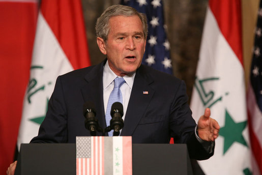 President George W. Bush responds to a question Thursday, Nov. 30, 2006, during a joint press availability in Amman, Jordan, with Iraq's Prime Minister Nouri al-Maliki. White House photo by Paul Morse