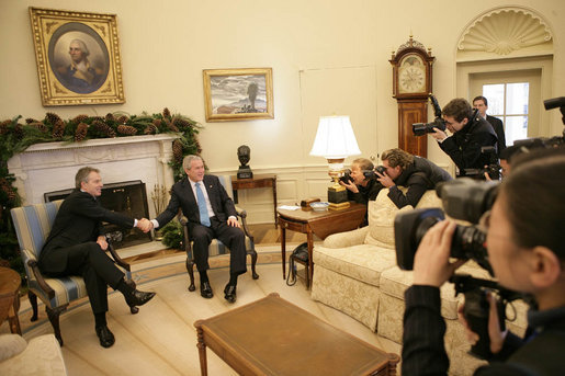 President George W. Bush meets with Prime Minister Tony Blair of the United Kingdom in the Oval Office Thursday, Dec. 7, 2006. After the meeting, the two leaders participated in a joint news conference to discuss the war on terror. White House photo by Eric Draper