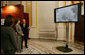 Mrs. Laura Bush is shown a video presentation on the preservation and study of Leonardo Da Vinci’s drawing and painting of The Adoration of the Magi, Thursday, Dec. 7, 2006 at the Library of Congress in Washington, D.C., by professor Paolo Galluzzi, the director of the National Museum of History of Science in Florence, Italy. White House photo by Shealah Craighead
