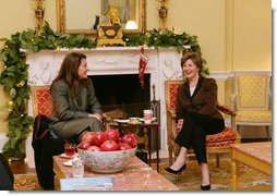Mrs. Laura Bush and Mrs. Melinda Gates meet Thursday morning, Dec. 14, 2006, during a coffee hosted by Mrs. Bush at the White House, prior to their participation at the White House Summit on Malaria. White House photo by Shealah Craighead