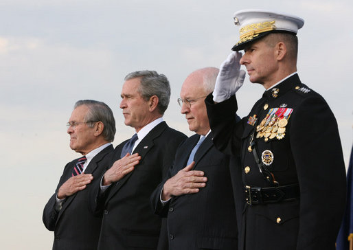 President George W. Bush, Vice President Dick Cheney and Joint Chiefs of Staff Chairman, General Peter Pace, stand with outgoing Secretary of Defense Donald Rumsfeld, left, during an Armed Forces Full Honor Review in the Secretary's honor at the Pentagon Friday, Dec. 15, 2006. White House photo by Eric Draper