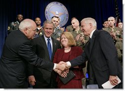 Vice President Dick Cheney and President George W. Bush congratulate Robert Gates and his wife Becky after his swearing-in ceremony as Secretary of Defense at the Pentagon Monday, Dec. 18, 2006.  White House photo by Eric Draper