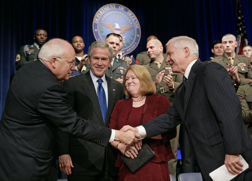 Vice President Dick Cheney and President George W. Bush congratulate Robert Gates and his wife Becky after his swearing-in ceremony as Secretary of Defense at the Pentagon Monday, Dec. 18, 2006. White House photo by Eric Draper