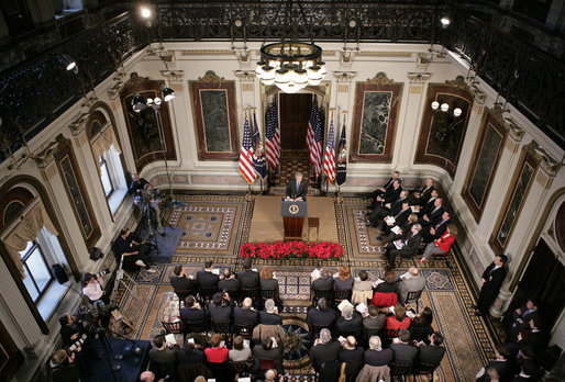 President George W. Bush addresses reporters during his news conference Wednesday, Dec. 20, 2006, in the Indian Treaty Room at the Eisenhower Executive Office Building in Washington, D.C. White House photo by Eric Draper