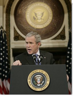 President George W. Bush gestures as addresses reporters during his news conference Wednesday, Dec. 20, 2006, in the Indian Treaty Room at the Eisenhower Executive Office Building in Washington, D.C., speaking on the challenges in Iraq and working with the new Congress in 2007. White House photo by Eric Draper