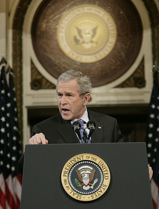 President George W. Bush gestures as he addresses reporters during his news conference Wednesday, Dec. 20, 2006, in the Indian Treaty Room at the Eisenhower Executive Office Building in Washington, D.C., speaking on the challenges in Iraq and working with the new Congress in 2007. White House photo by Kimberlee Hewitt