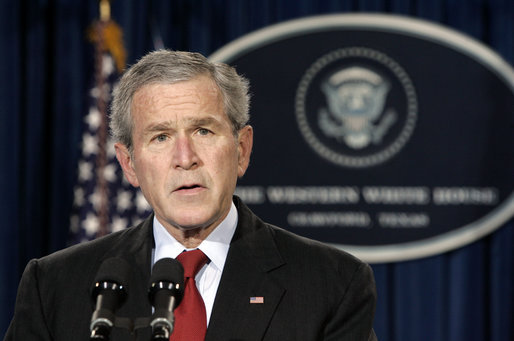 President George W. Bush delivers a statement on the passing of former President Gerald R. Ford from Crawford, Texas, Wednesday, Dec. 27, 2006. "As a congressman from Michigan, and then as Vice President, he commanded the respect and earned the good will of all who had the privilege of knowing him," said President Bush. "On August 9, 1974, he stepped into the presidency without ever having sought the office. He assumed power in a period of great division and turmoil. For a nation that needed healing and for an office that needed a calm and steady hand, Gerald Ford came along when we needed him most." White House photo by Paul Morse