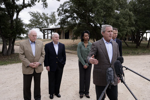 President George W. Bush is joined by, from left to right, Vice President Dick Cheney, Secretary of Defense Robert Gates, Secretary of State Condoleezza Rice and Chairman of the Joint Chiefs of Staff General Peter Pace, as he speaks with reporters following his meeting with his national Security team Thursday, Dec. 28, 2006, at Prairie Chapel Ranch in Crawford, Texas. White House photo by Paul Morse