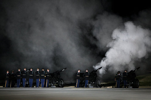 A 21-gun salute is given during the arrival of the casket of former President Gerald R. Ford at Andrews Air Force Base in Maryland, Saturday, December 30, 2006. White House photo by David Bohrer